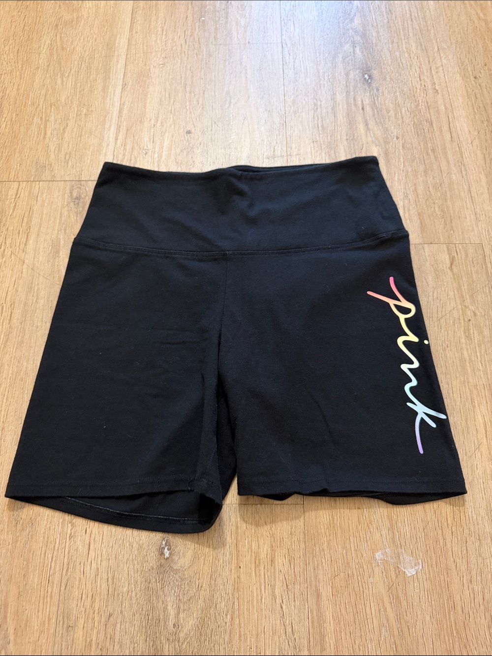 PINK Victoria's Secret Black High-Waist Bike Shorts with Rainbow Script